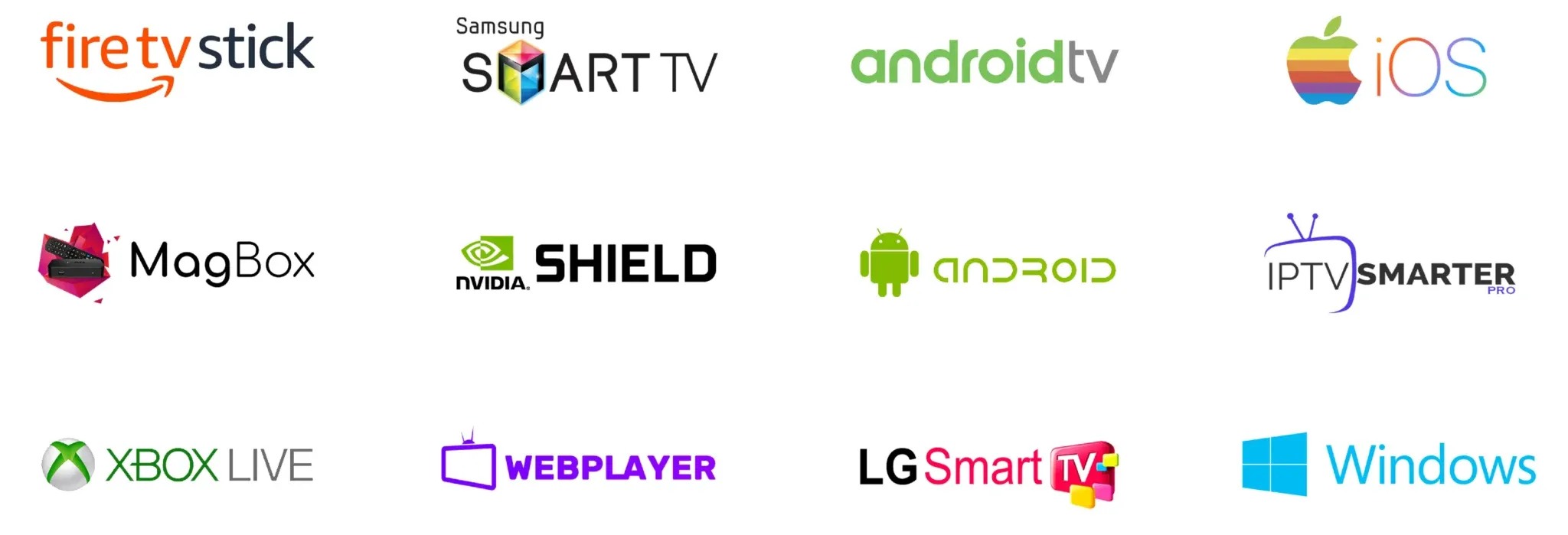 Grid of device and platform logos that run Pro IPTV UK